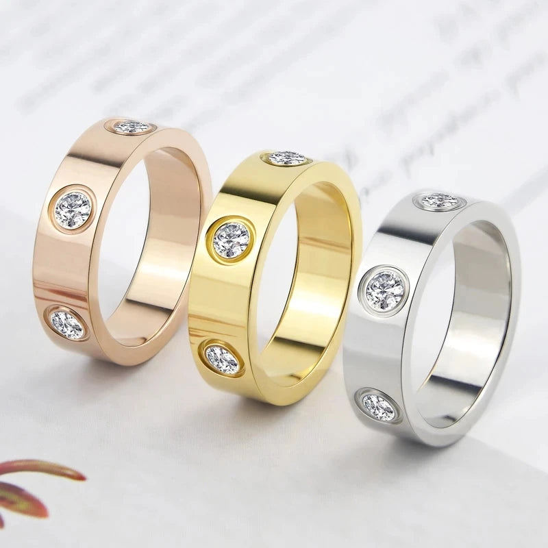 Trendy Stainless Steel Rose Gold Color Love Ring for Women Men Couple Shiny Zircon Rings Jewelry Wedding Gift